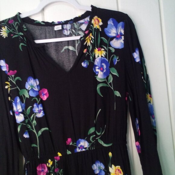 Old Navy Dress Women S Long Sleeve Elastic Waist Floral Black Colorful - Picture 7 of 16